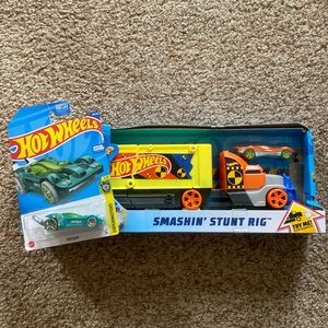 NWT Hot Wheels smashing’ stunt rig and Tooligan car